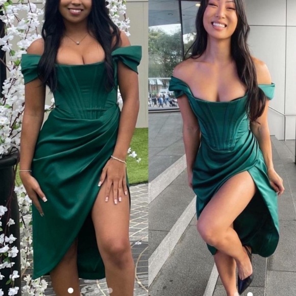 HOUSE OF CB ‘Loretta Emerald Green Off Shoulder Draped Corset Satin Dress NWOT L - Picture 4 of 12
